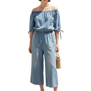 Mossimo Chambray Off Shoulder Wide Leg Jumpsuit Small Elastic Waist